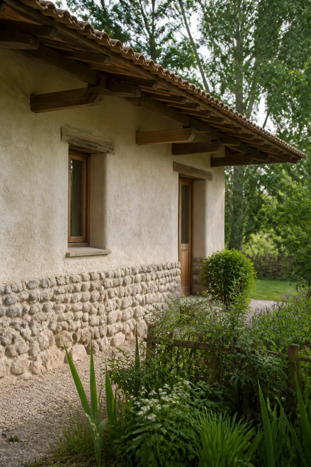 Maison ancienne en pisé enduite sur soubassement de pierre