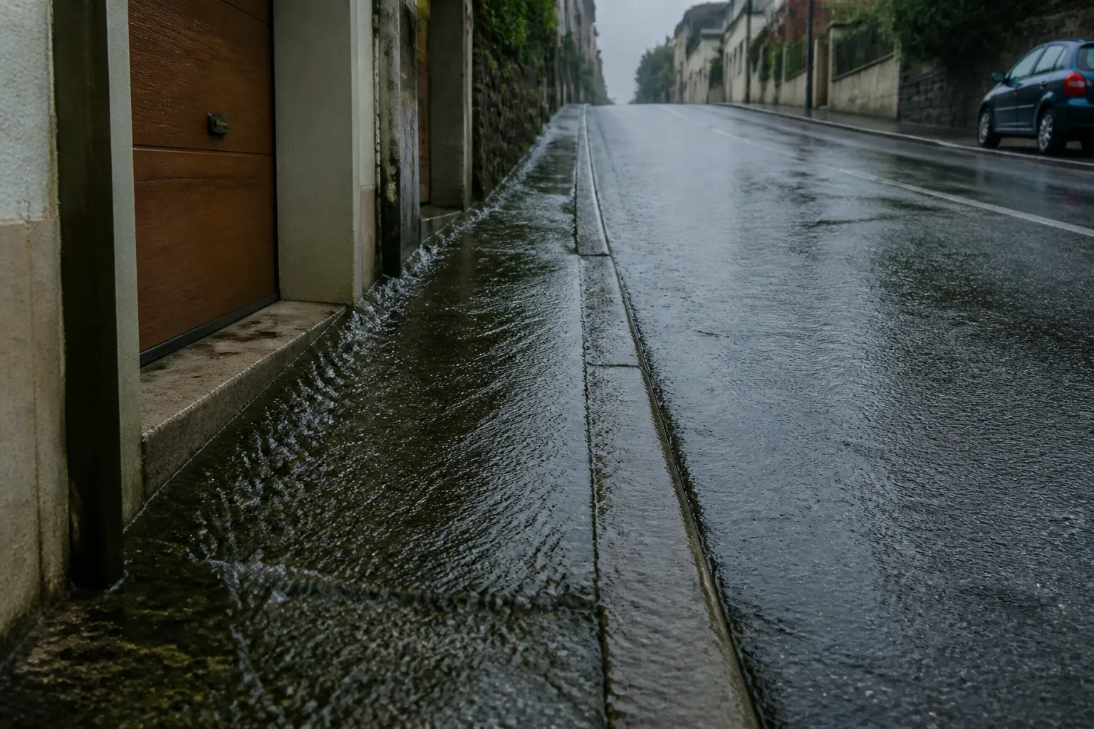Rue en pente après un orage avec eau ruisselant vers un seuil