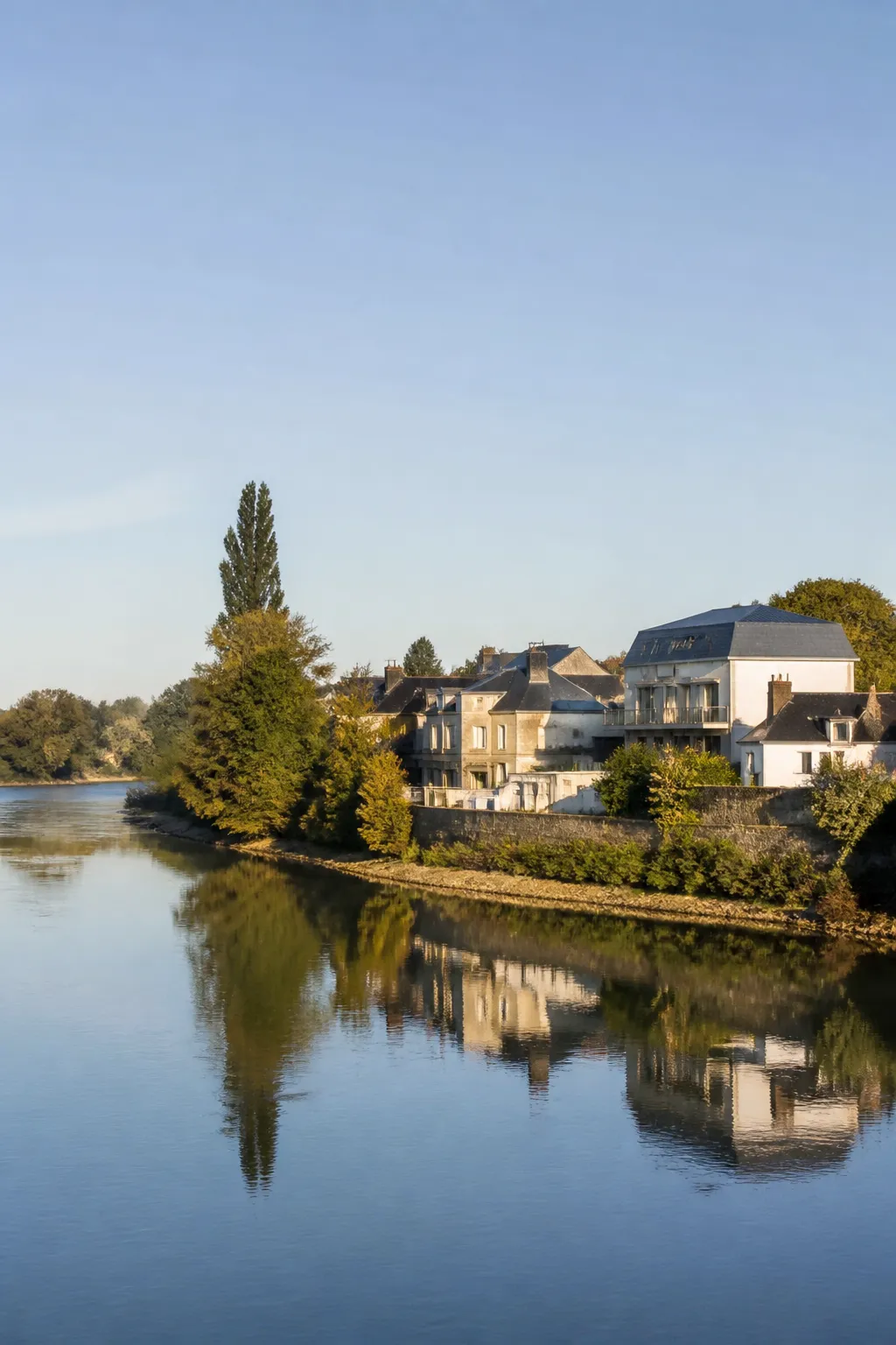 Maisons au bord d’un fleuve large dans une petite ville