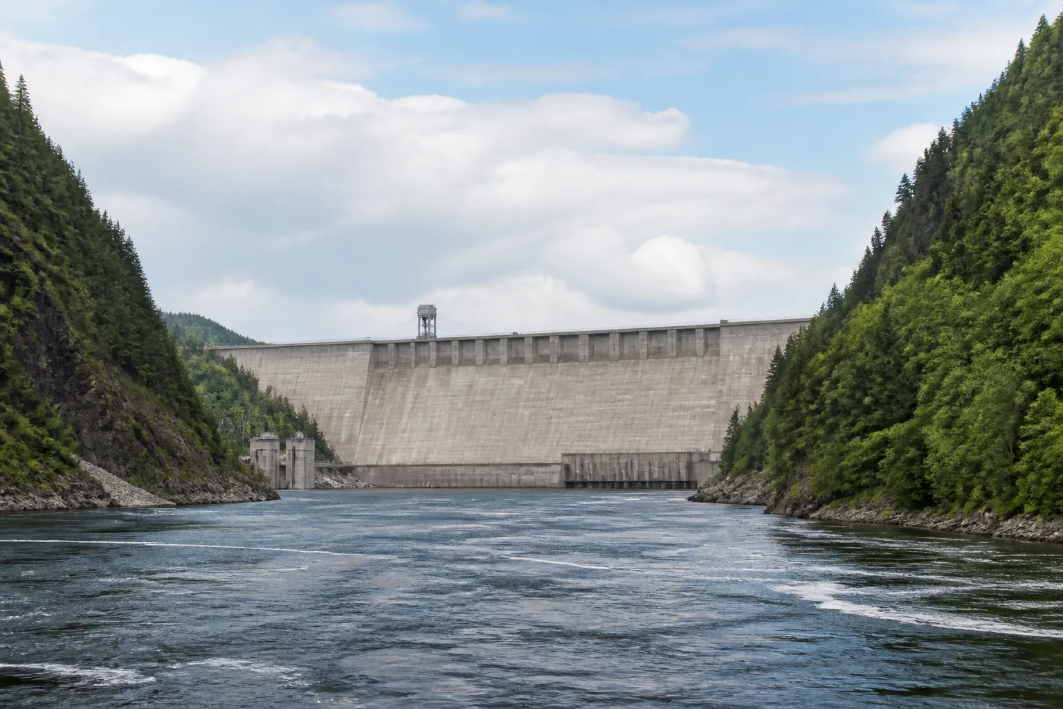 Grand barrage poids en béton sur un fleuve, vu de l’aval