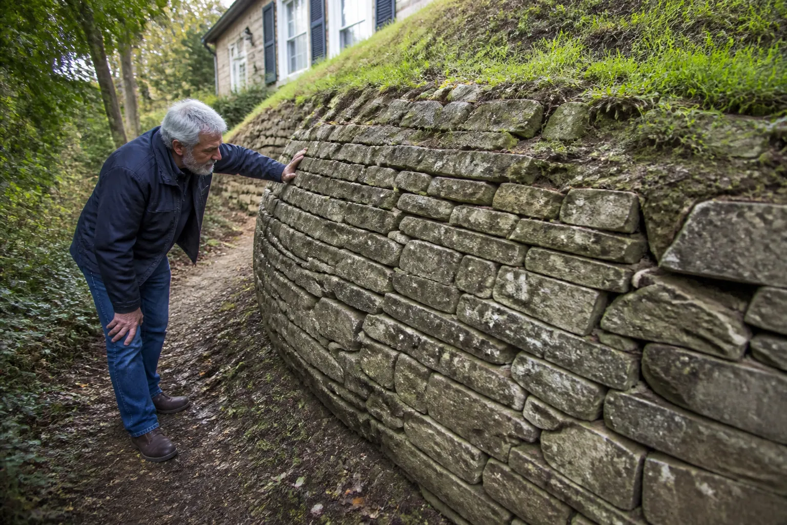 Expert examinant un mur de soutènement sur un terrain en pente