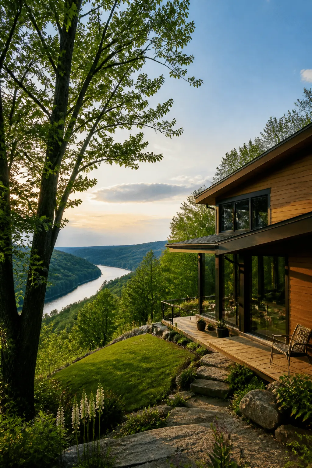 Maison individuelle sur un coteau boisé au-dessus d’une rivière