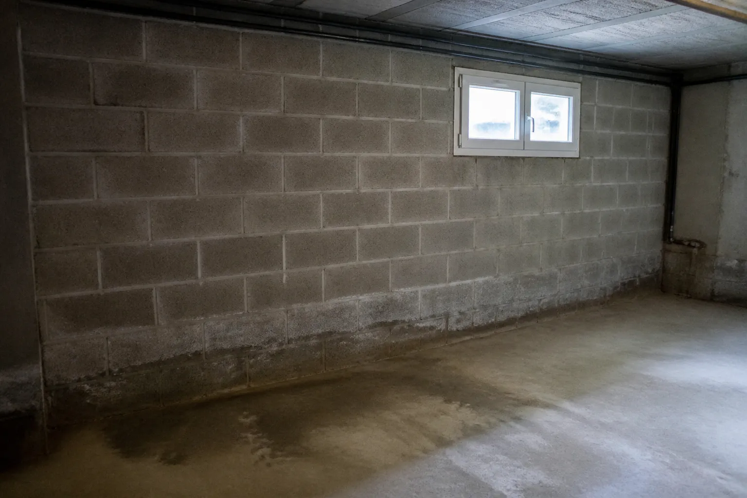 Sous-sol de maison avec mur enterré et traces d’humidité