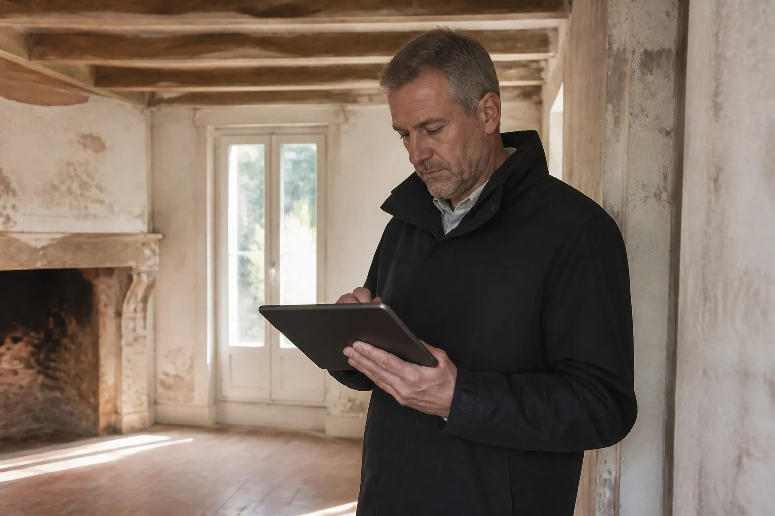 Expert en bâtiment rédigeant ses constats dans une maison