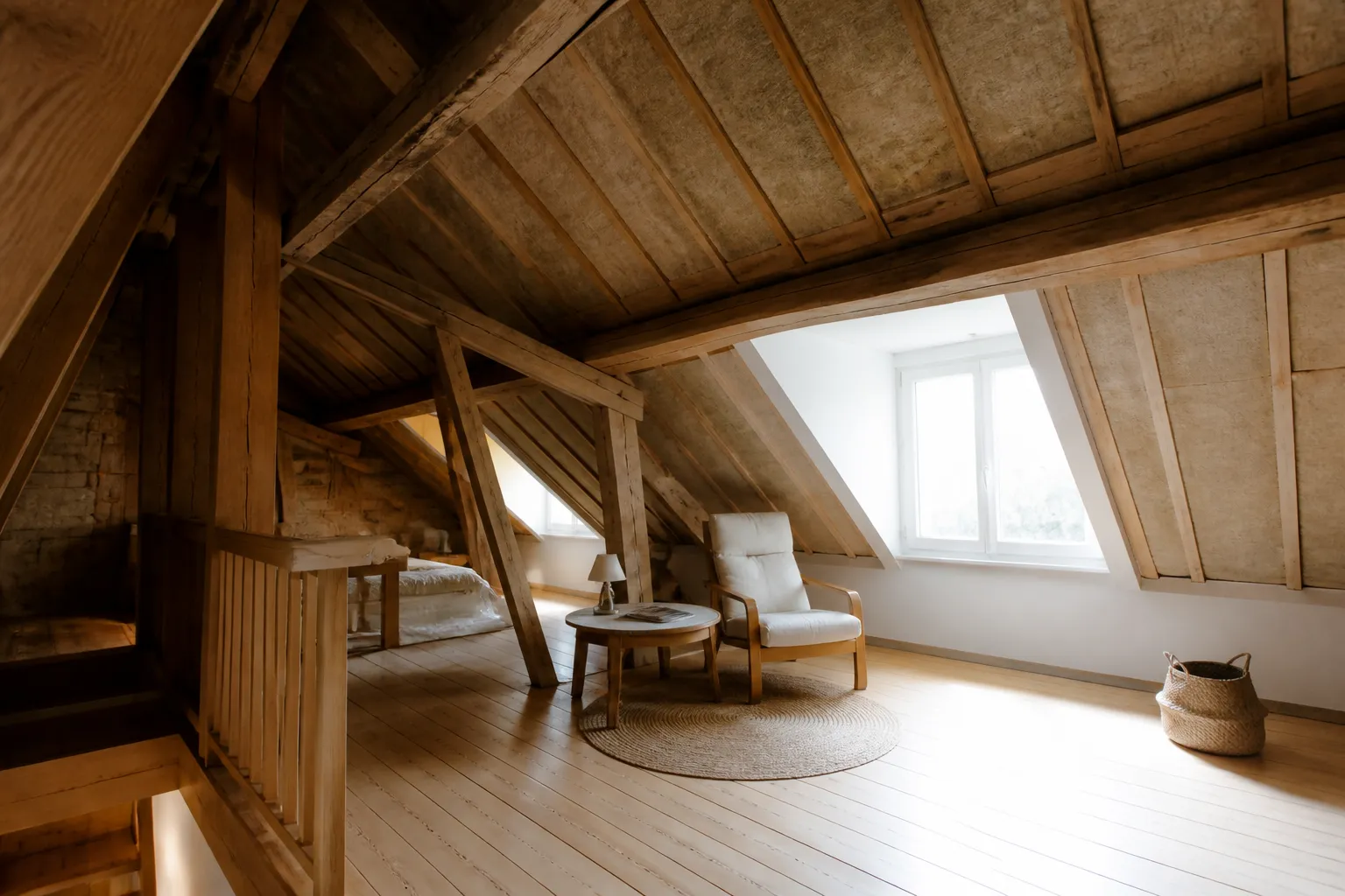 Combles avec charpente en bois et isolation