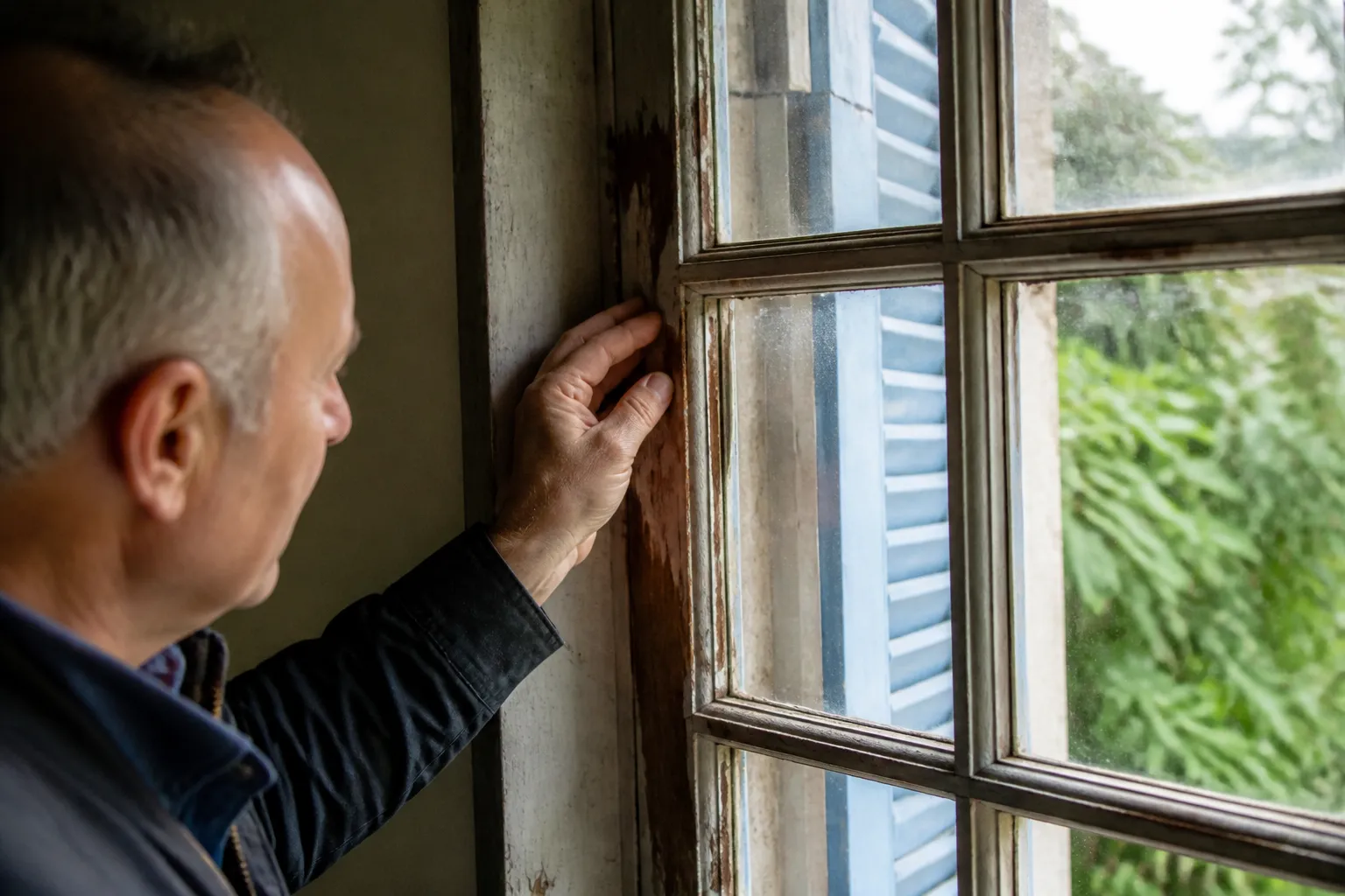 Expert en bâtiment inspectant une fenêtre ancienne