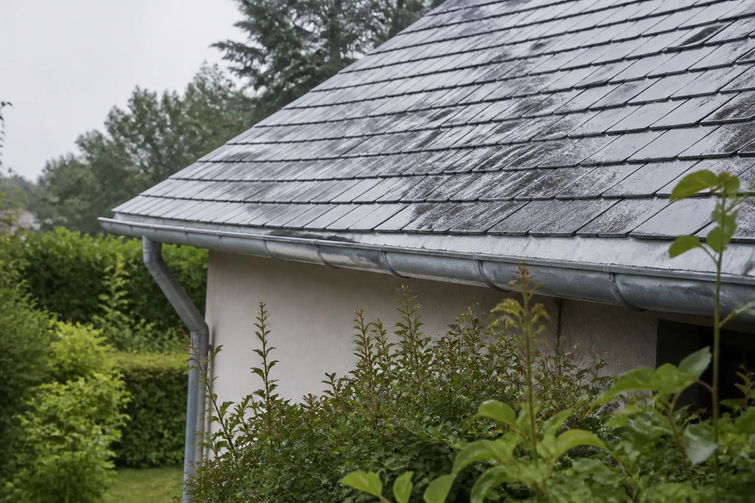 Gouttière et toiture en ardoise après une averse