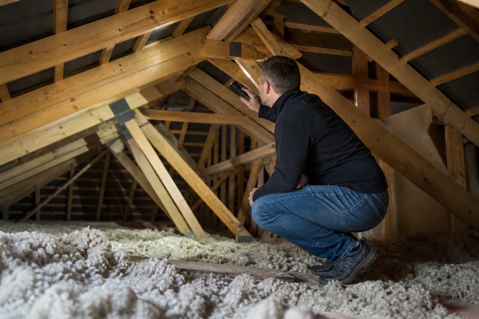 Expert examinant les combles d’un pavillon
