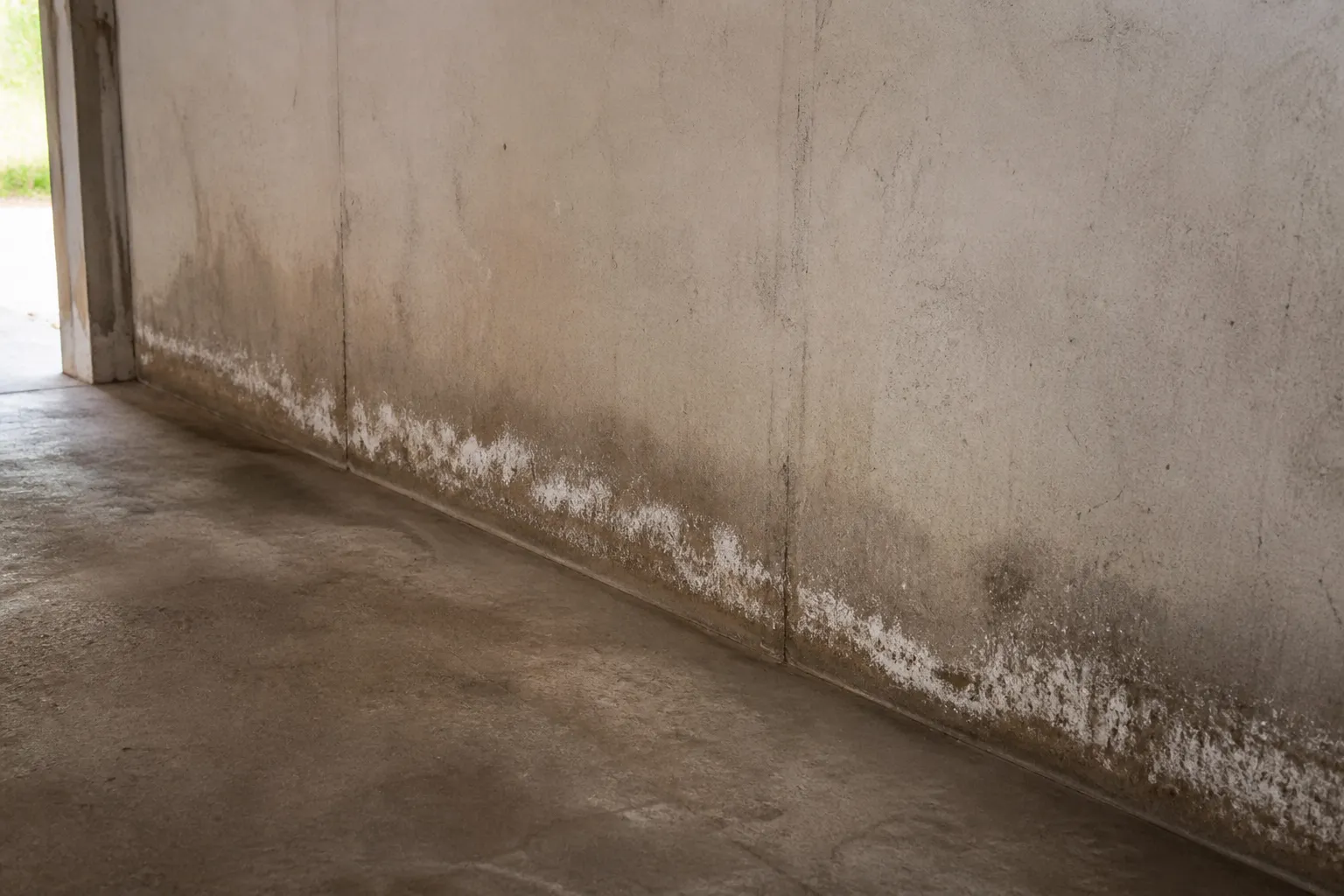 Mur de garage en sous-sol avec traces d’humidité