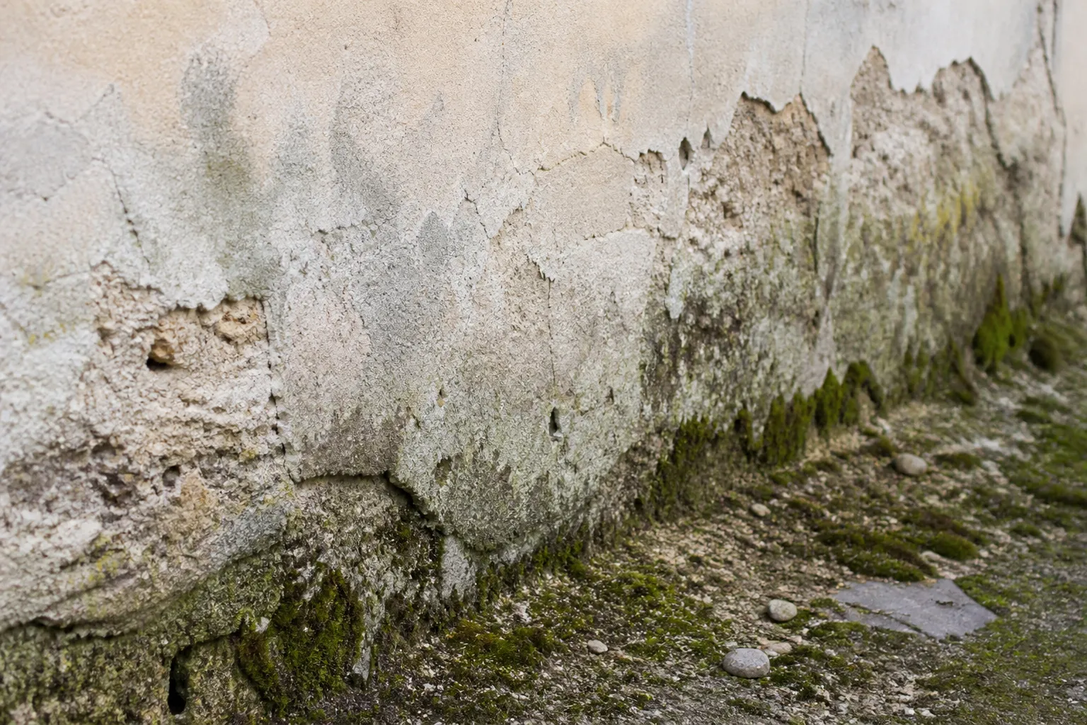 Pied de mur extérieur avec enduit dégradé par l’humidité