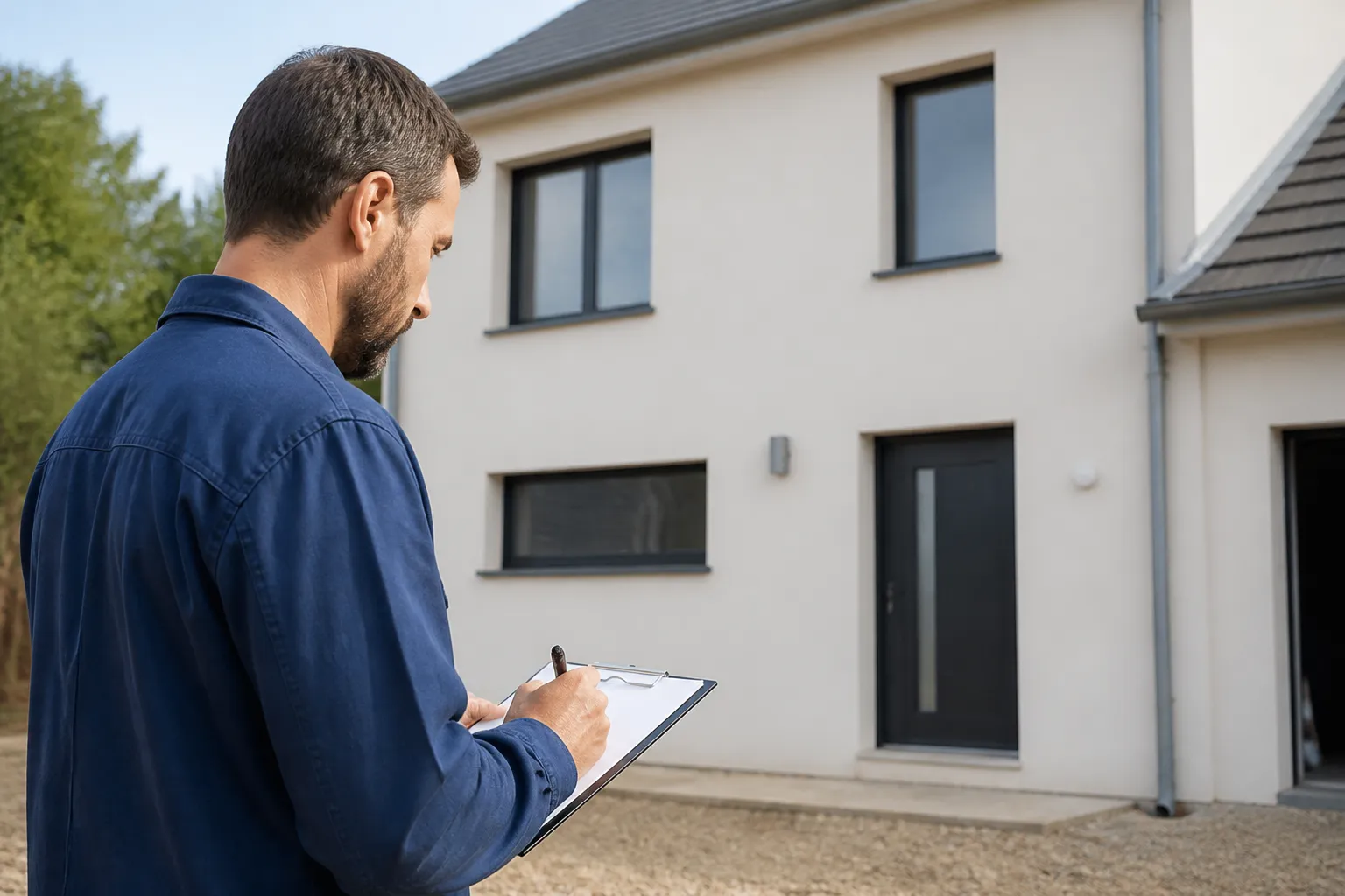 Expert en bâtiment notant ses observations devant une maison