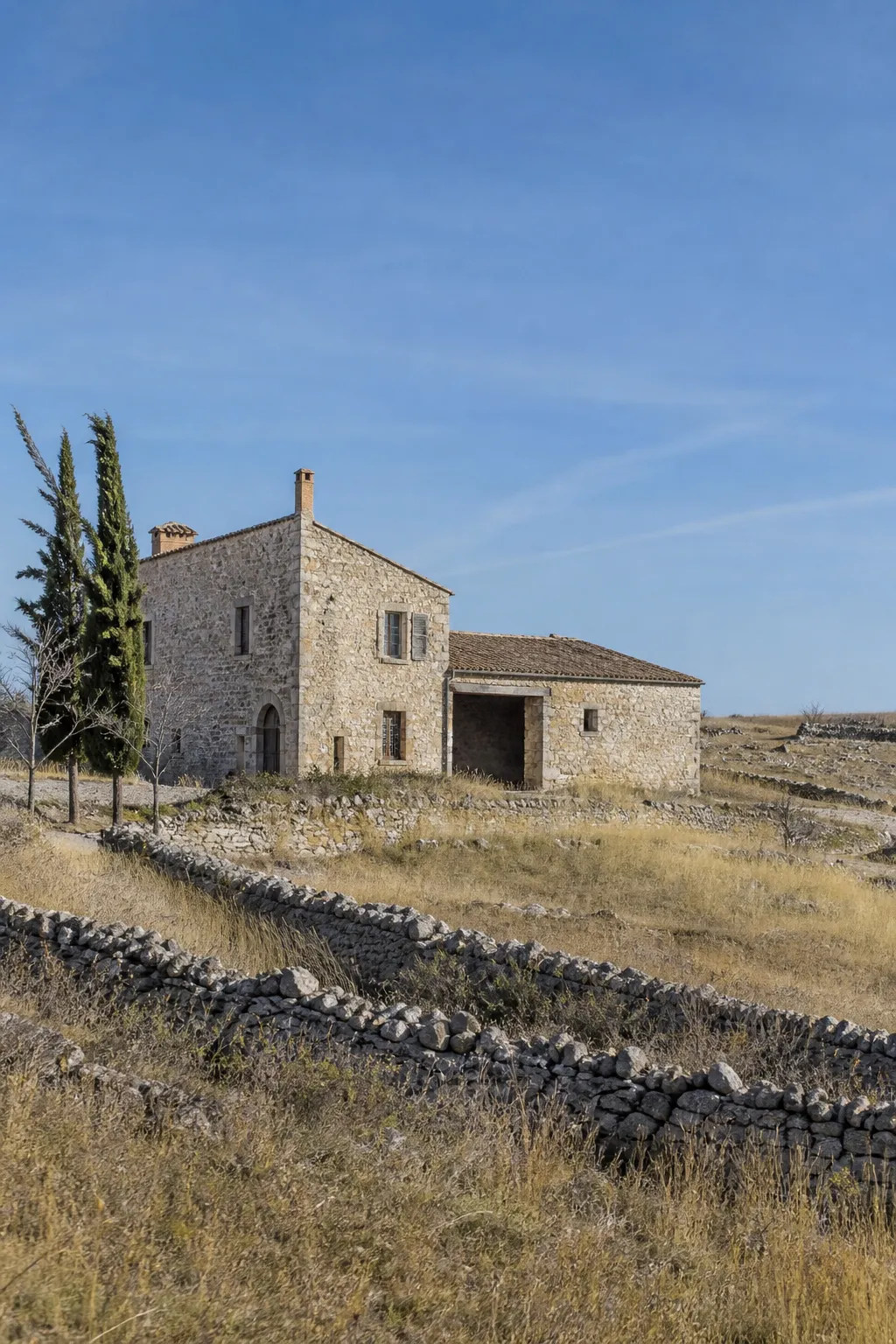 Ancienne ferme en pierre calcaire sur un plateau