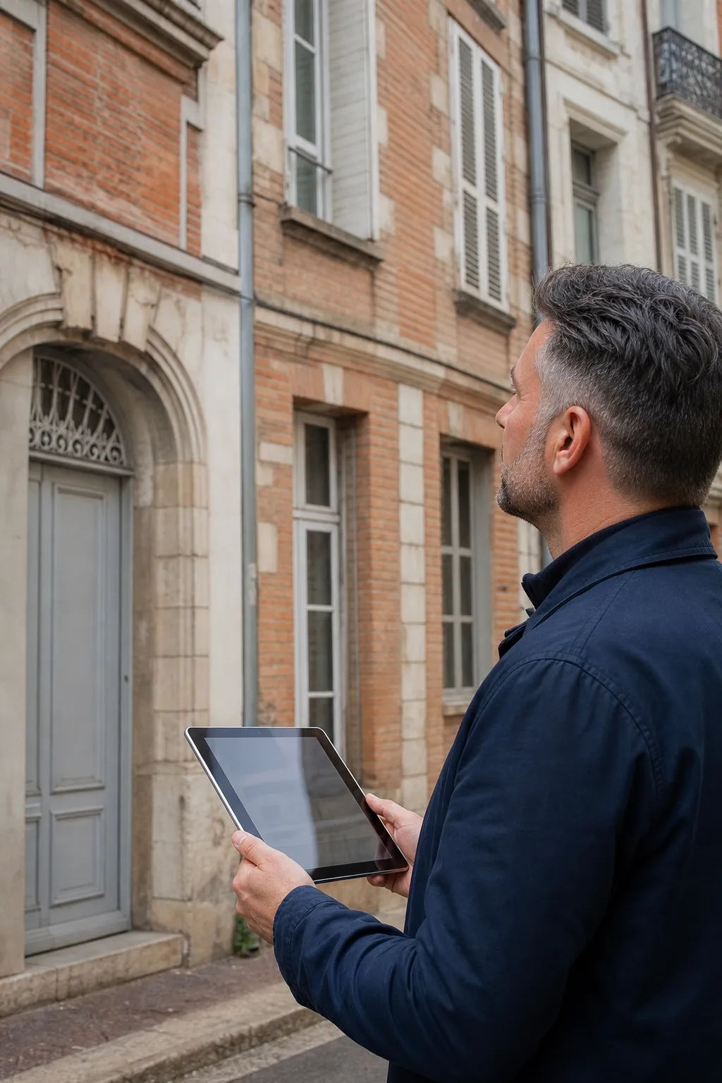 Expert en bâtiment devant un immeuble ancien de centre-ville à Agen