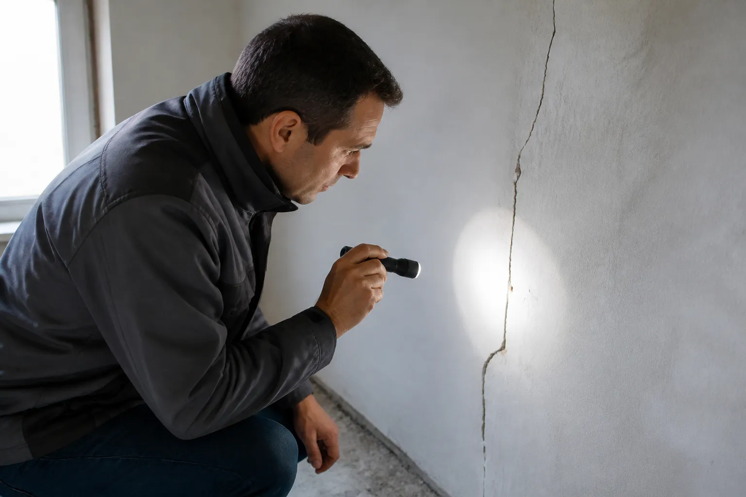 Expert examinant une fissure sur un mur intérieur