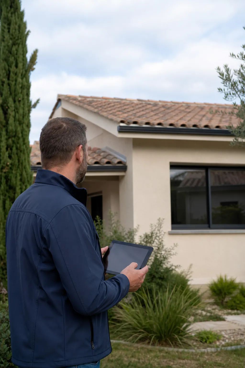 Expert en bâtiment devant une maison individuelle au Passage
