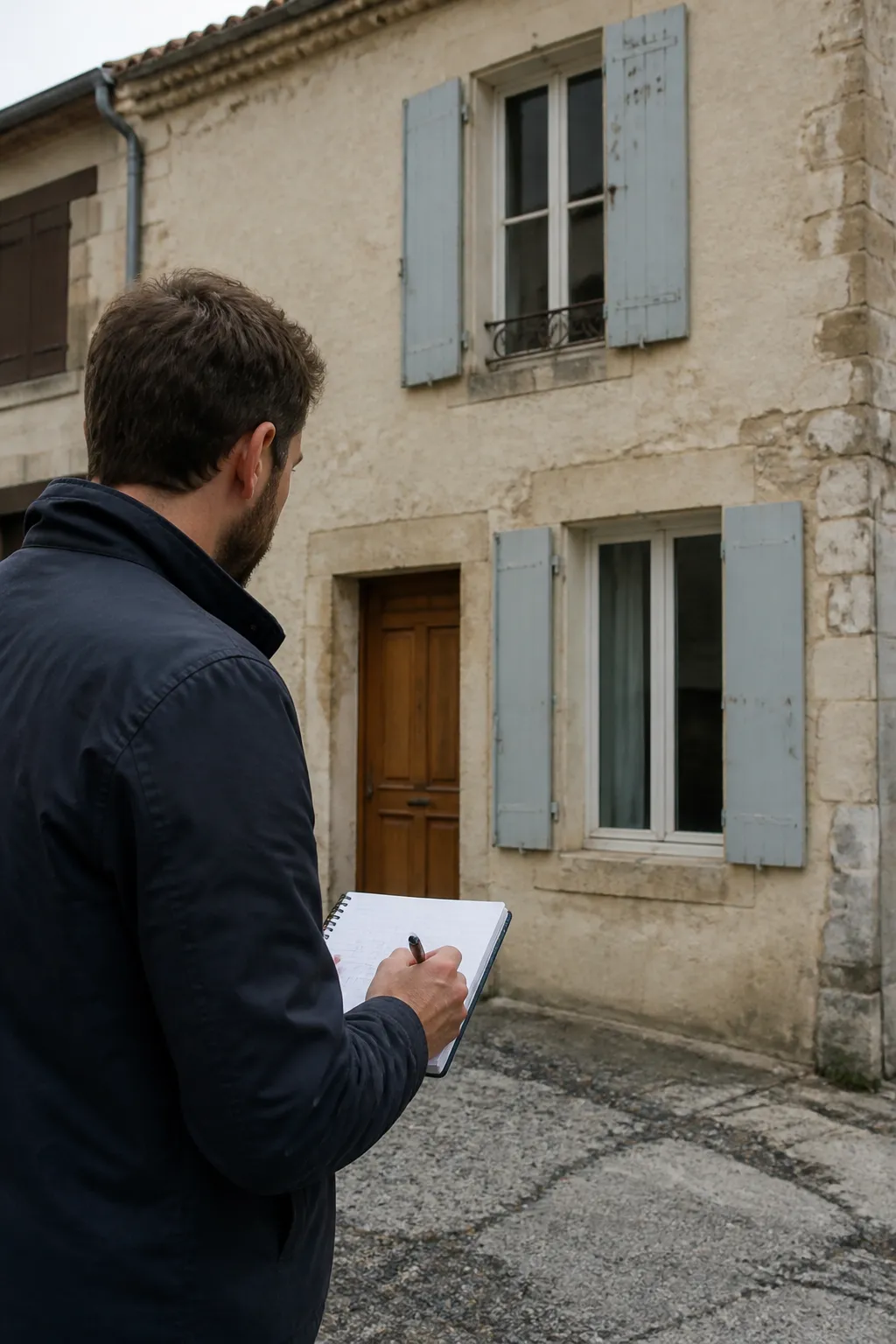Expert en bâtiment inspectant une maison de ville à Tonneins