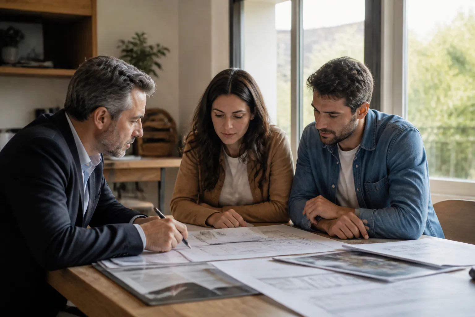 Expert consultant un dossier de vente avec un acquéreur