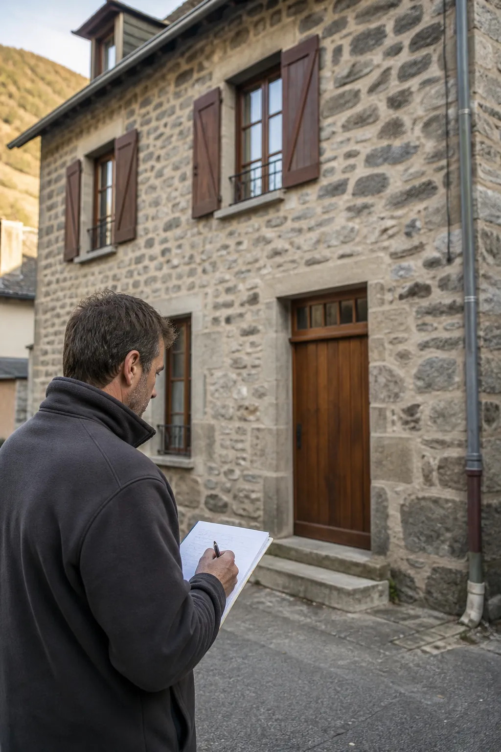 Expert en bâtiment devant une maison de bourg en pierre à Langogne