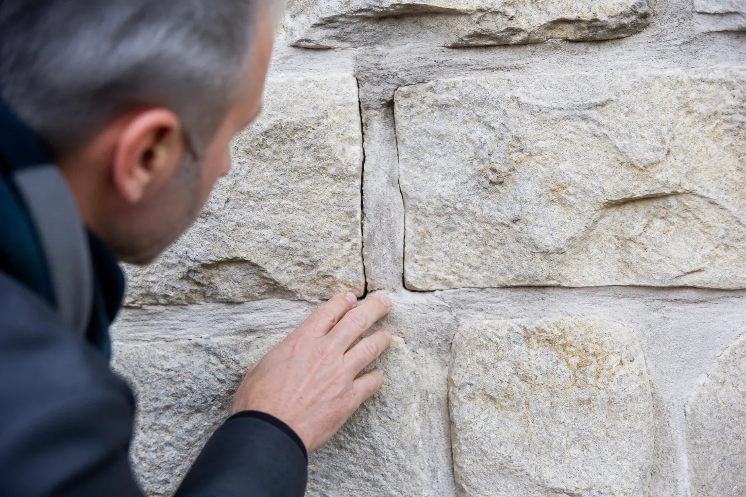 Expert examinant des fissures sur une façade en pierre