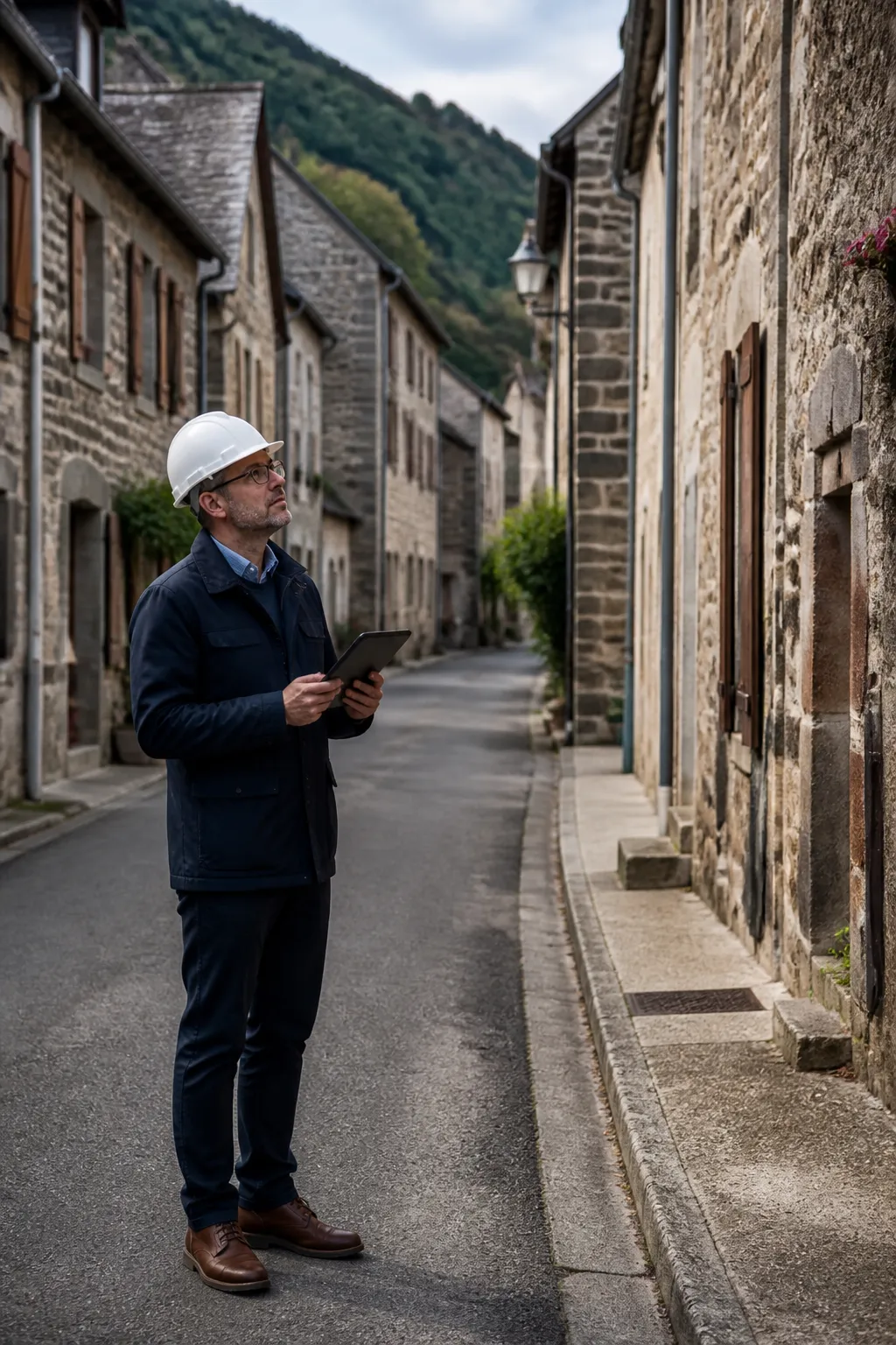 Expert en bâtiment dans une rue ancienne de Mende
