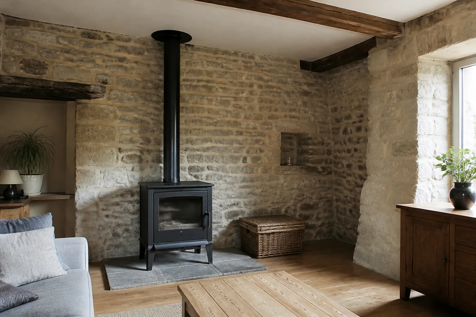 Poêle à bois et conduit de fumée dans un salon