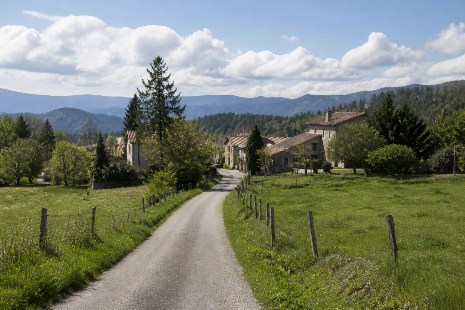Route de campagne menant à un hameau de maisons en pierre