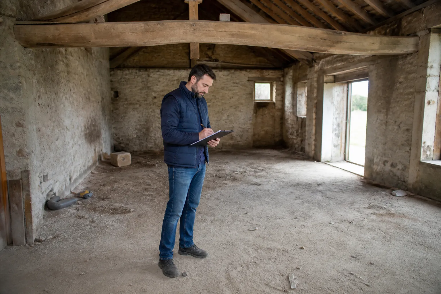 Expert notant des observations dans une pièce de ferme ancienne
