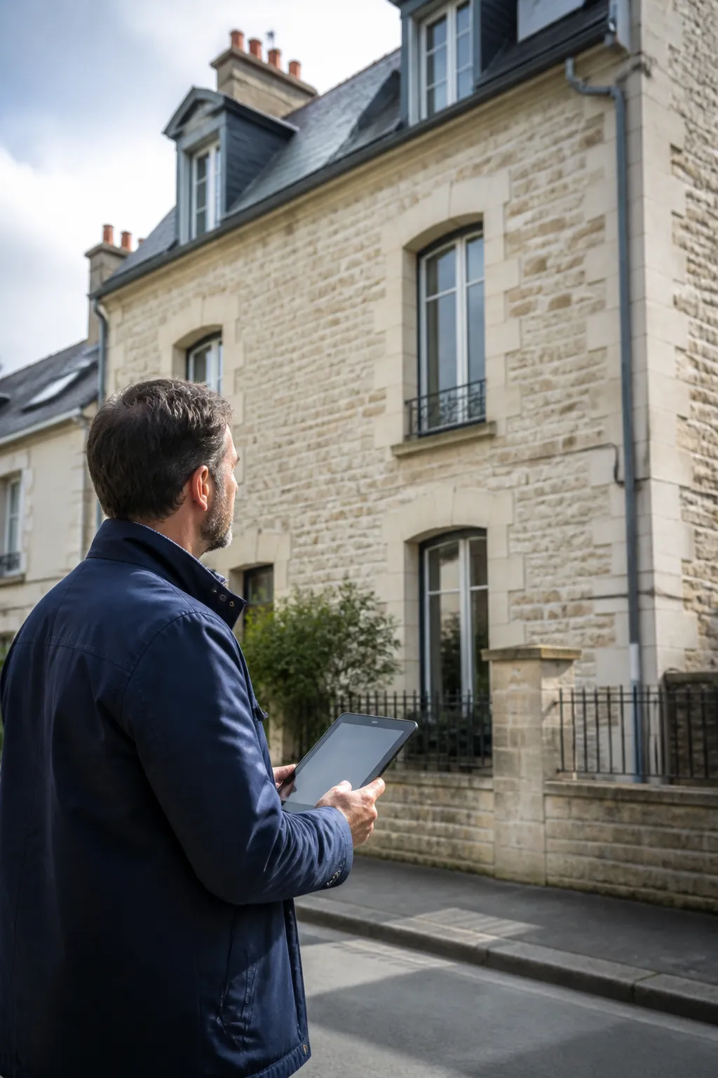 Expert en bâtiment devant une maison de ville à Angers