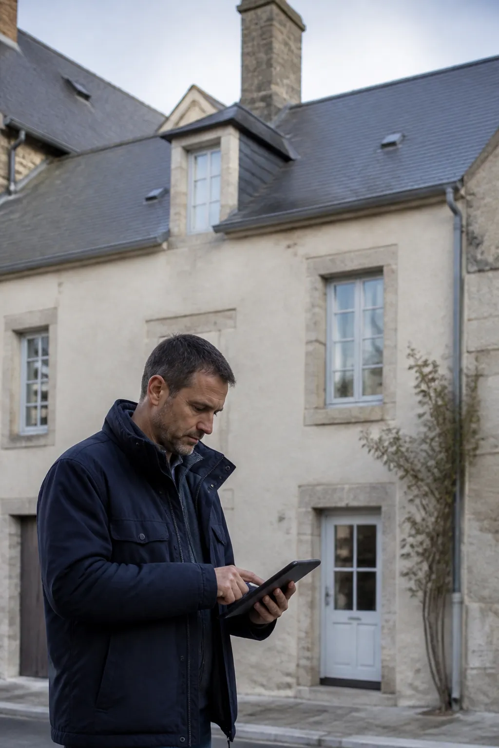 Expert en bâtiment devant une maison de bourg dans les Mauges