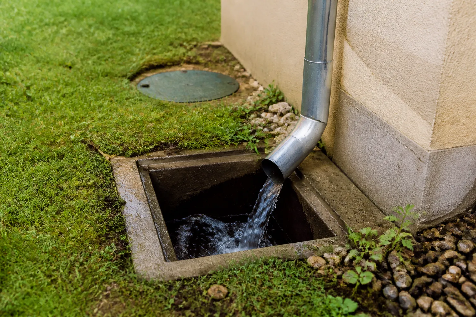 Fossé et descente d’eau pluviale au pied d’une maison