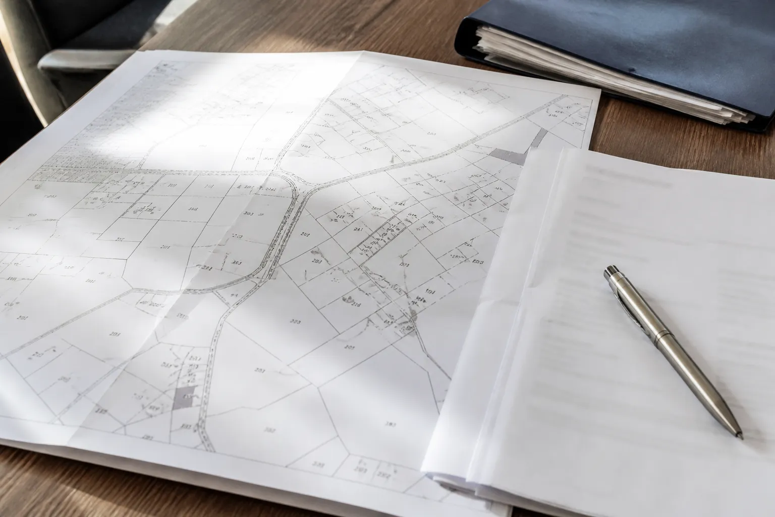 Plan cadastral et documents de vente sur une table