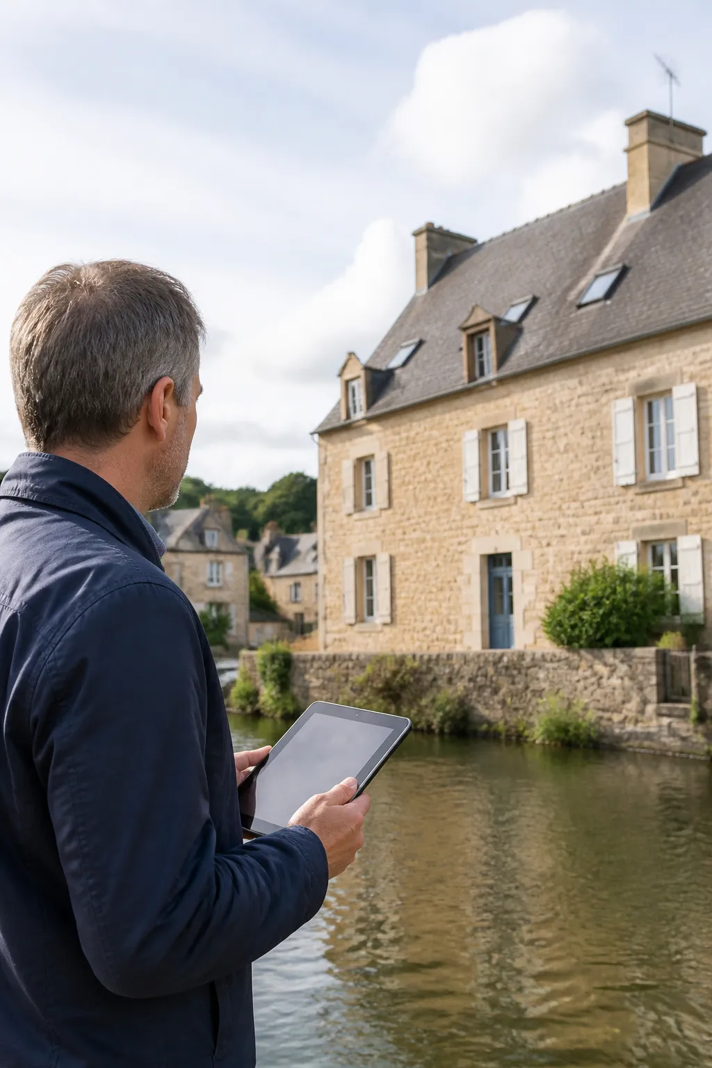 Expert en bâtiment devant une maison ancienne de bord de Loire