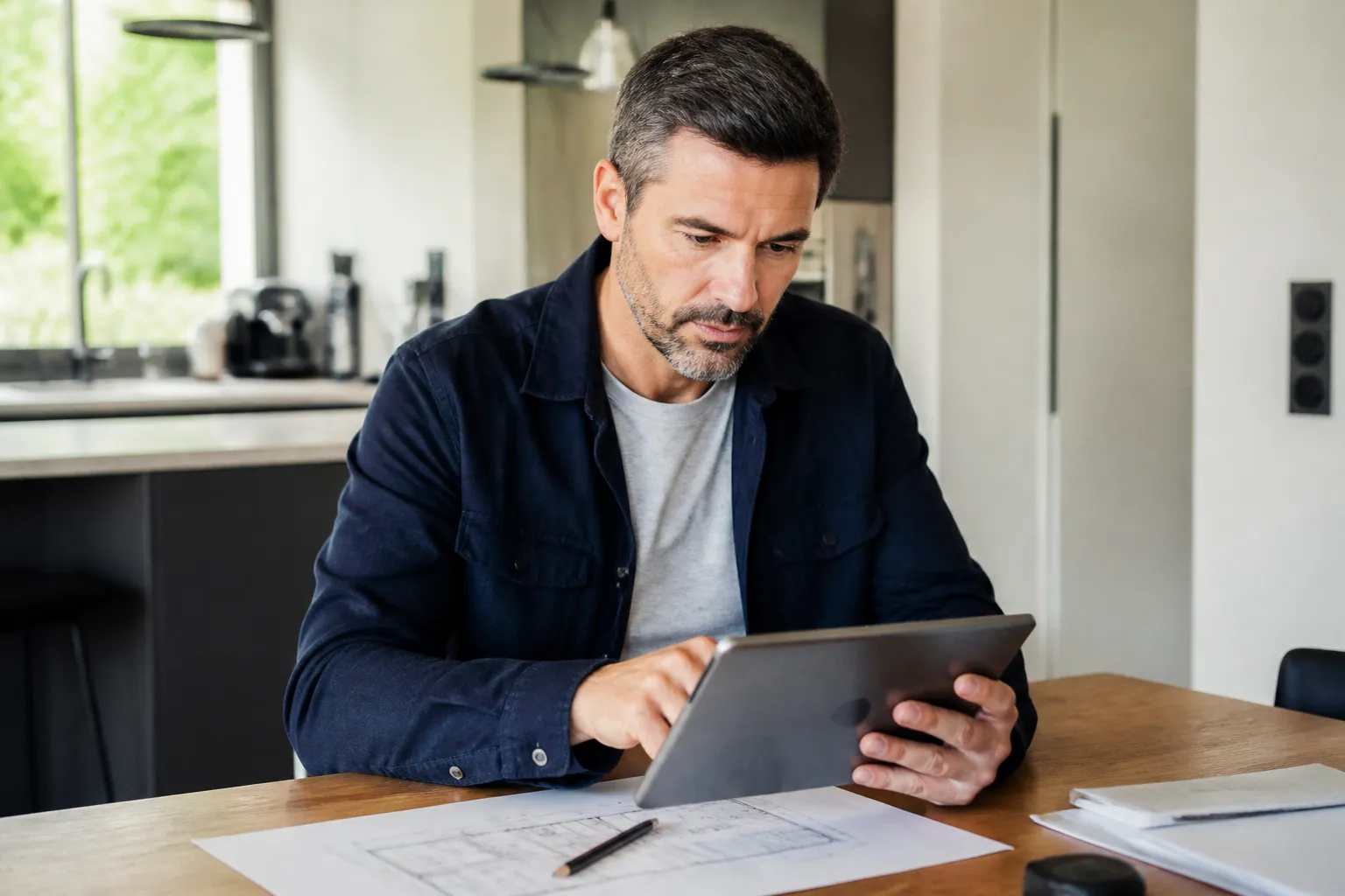 Expert consultant une carte sur une tablette dans une cuisine