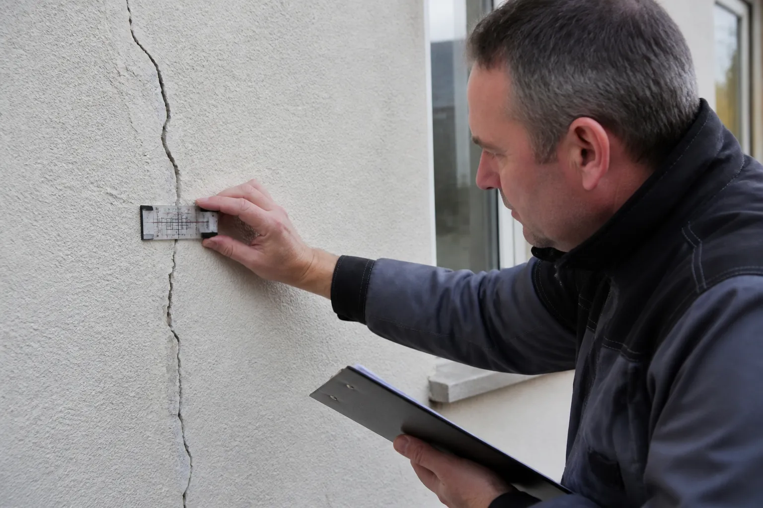 Expert observant une fissure sur un mur extérieur