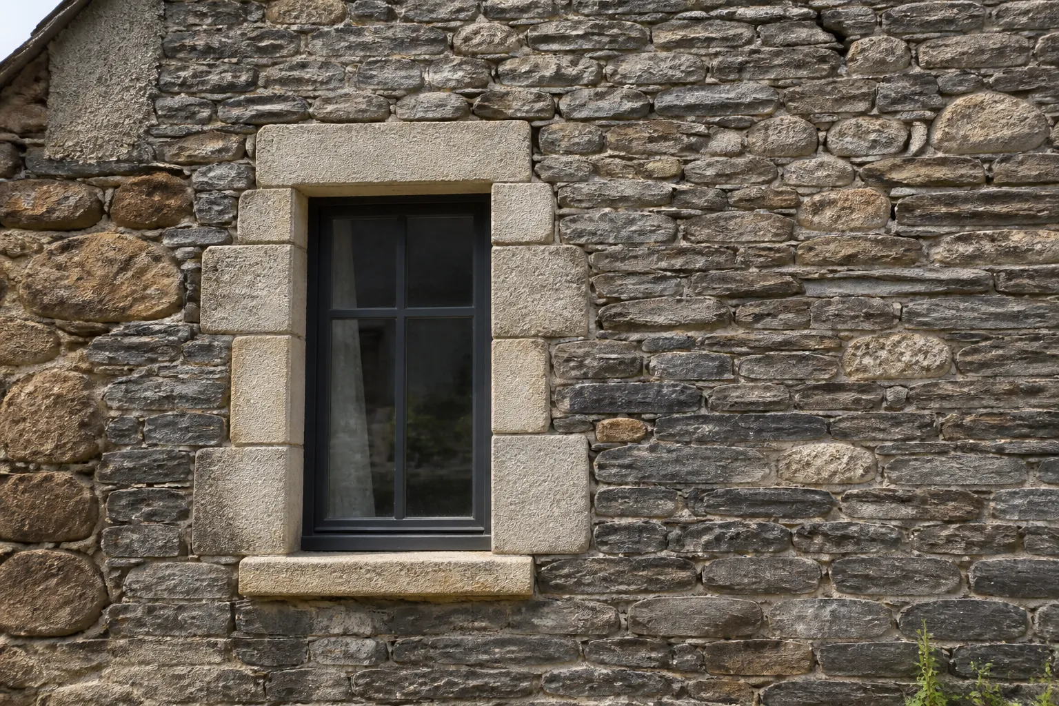 Façade de maison en moellons de schiste et poudingue