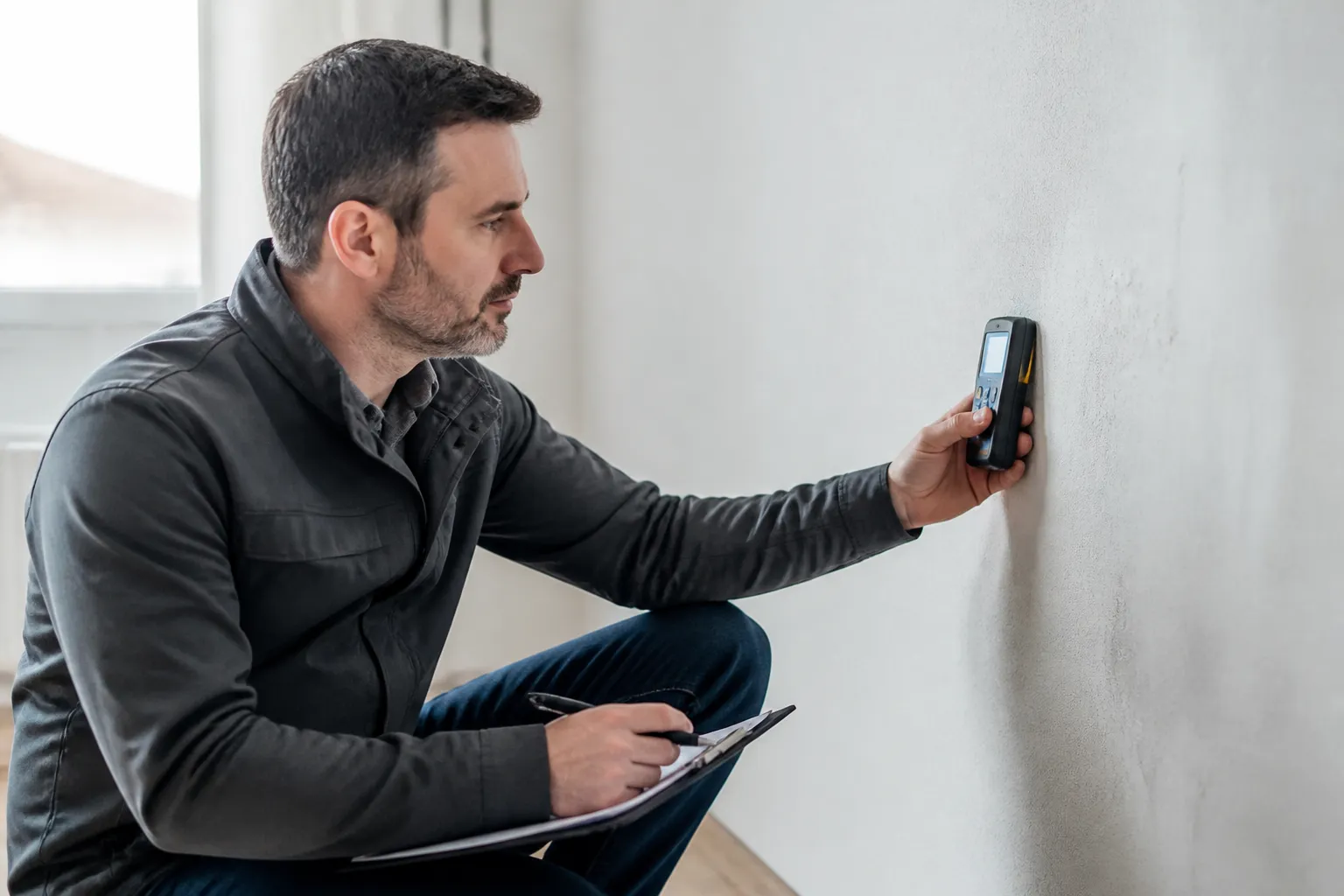 Expert mesurant l’humidité d’un mur intérieur