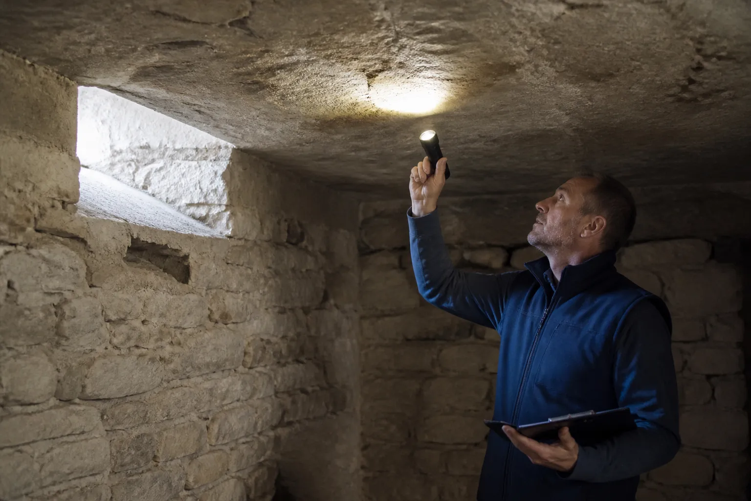 Expert examinant un plafond de cave