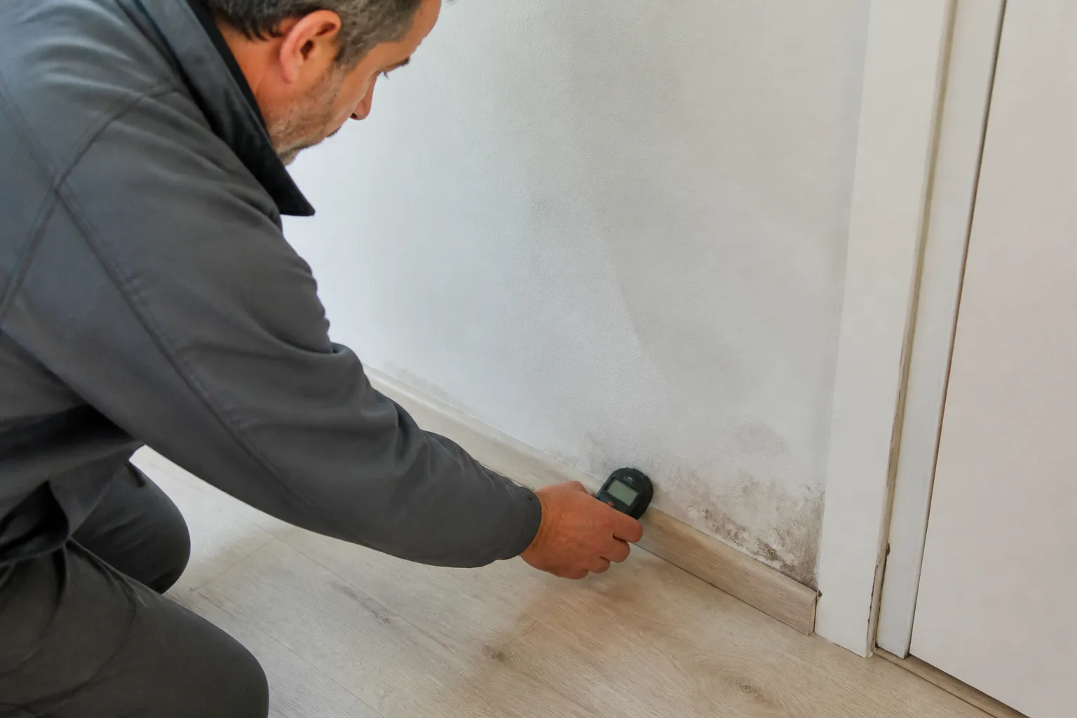 Expert mesurant l’humidité au pied d’un mur