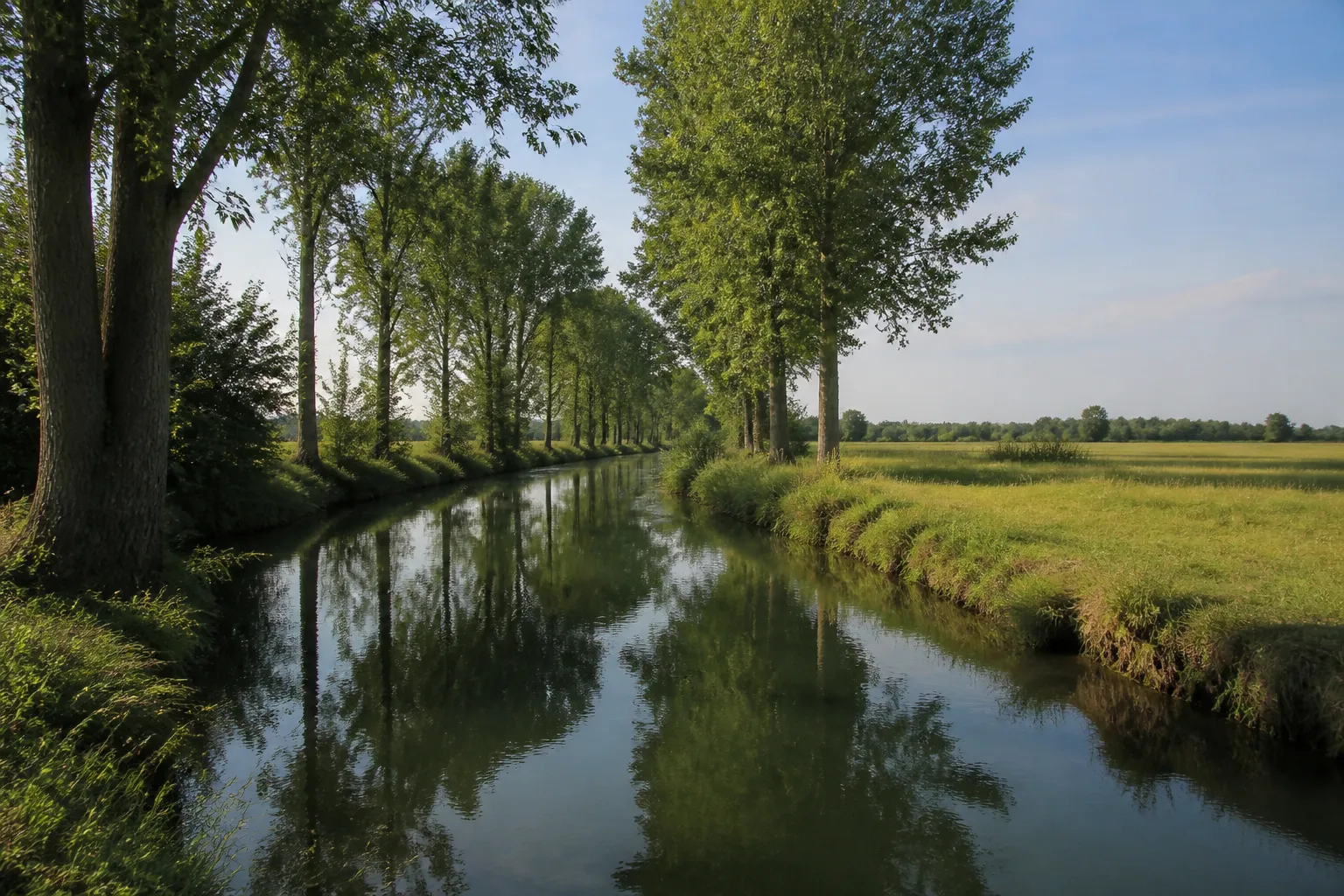 Petite rivière bordée de peupliers en plaine