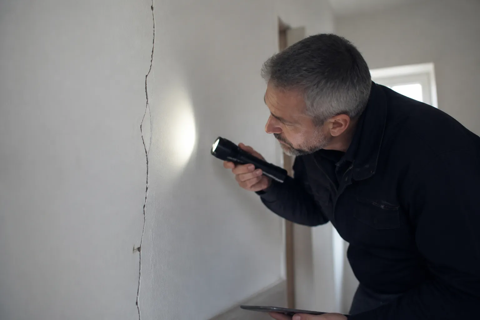 Expert observant une fissure intérieure