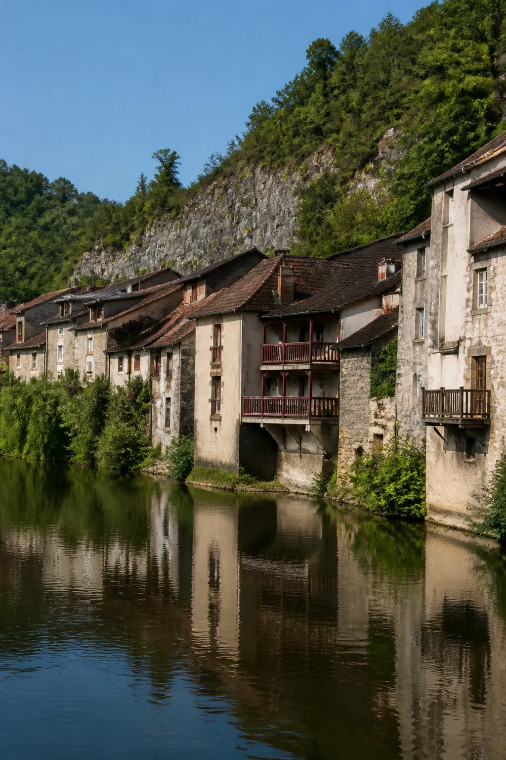 Maisons anciennes au bord d’une rivière dans un bourg de la vallée de la Marne