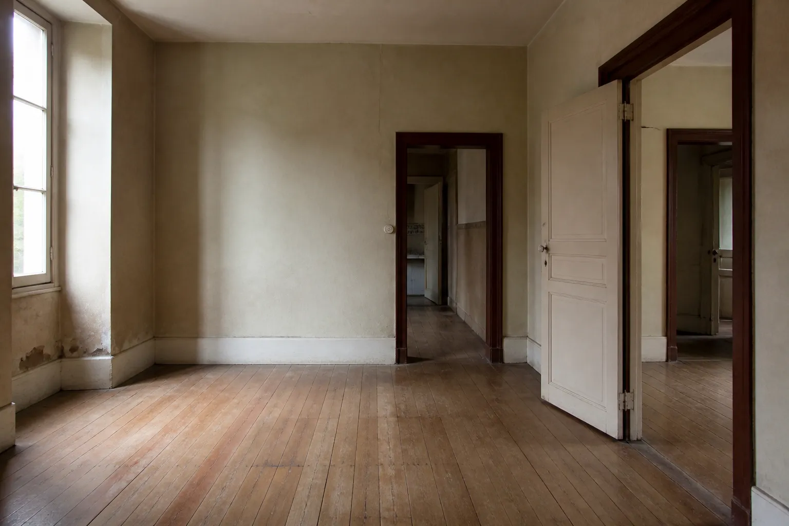 Rez-de-chaussée ancien avec plancher bois et soubassement