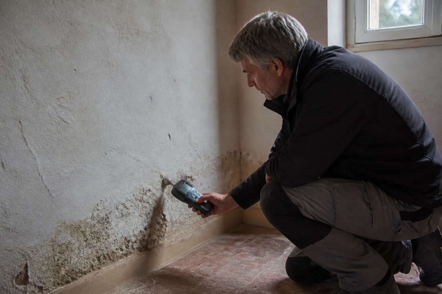 Expert mesurant l’humidité au bas d’un mur