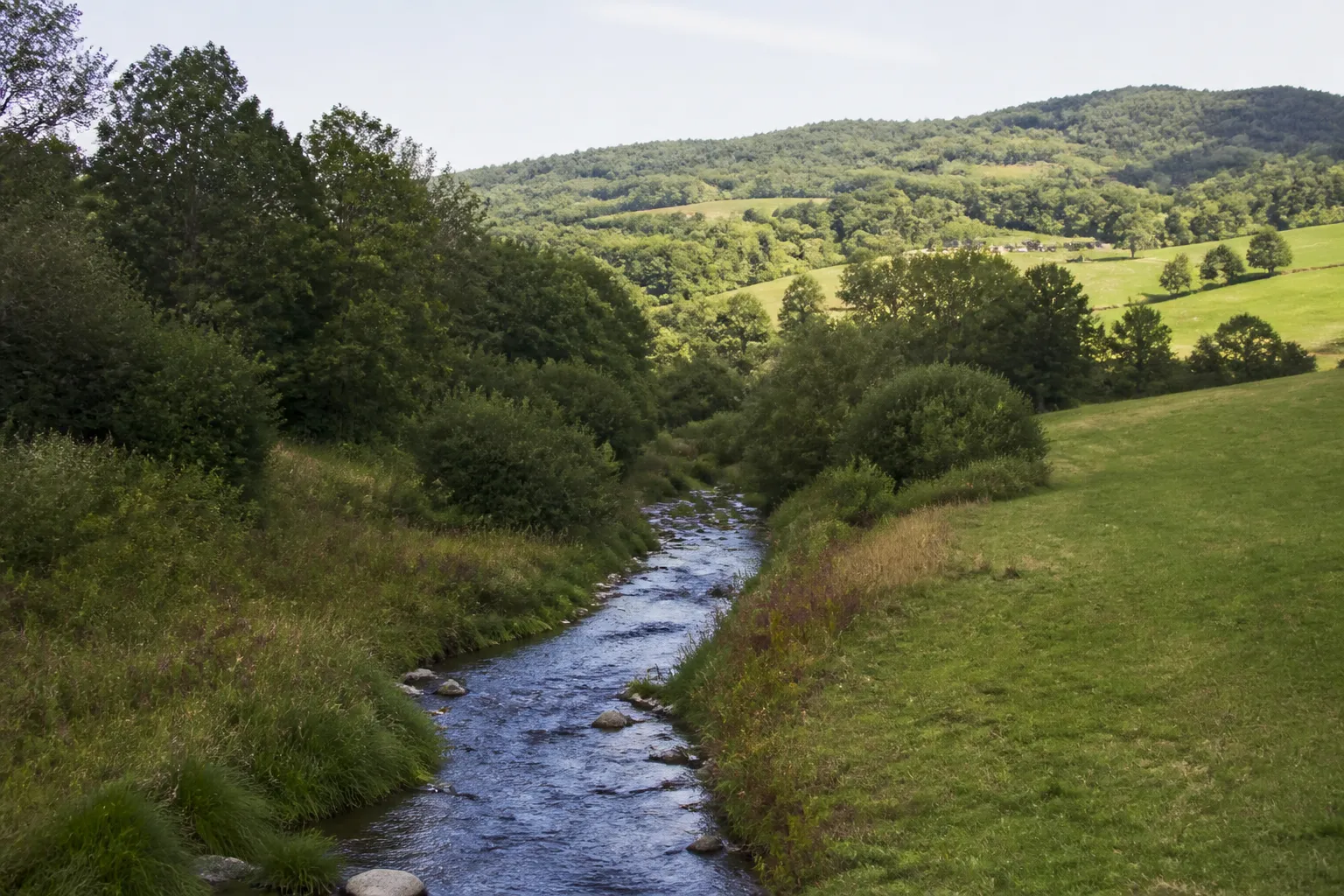 Petite rivière en fond de vallon avec prairies