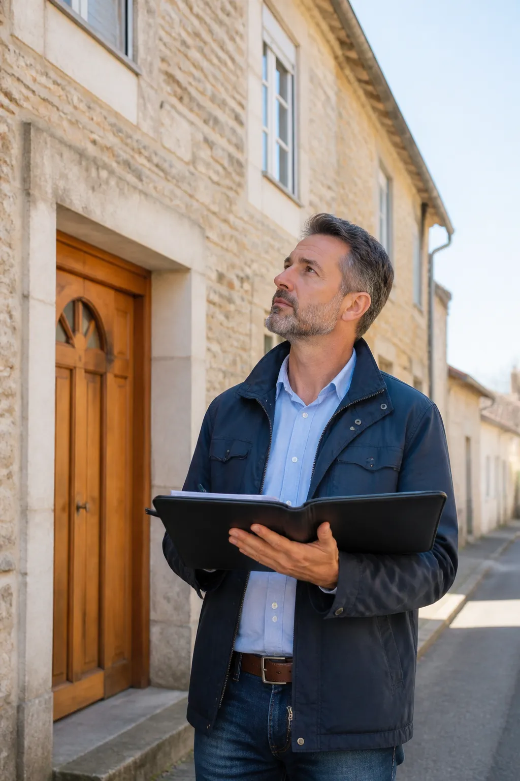 Expert en bâtiment devant une maison en pierre d’une petite ville de Mayenne