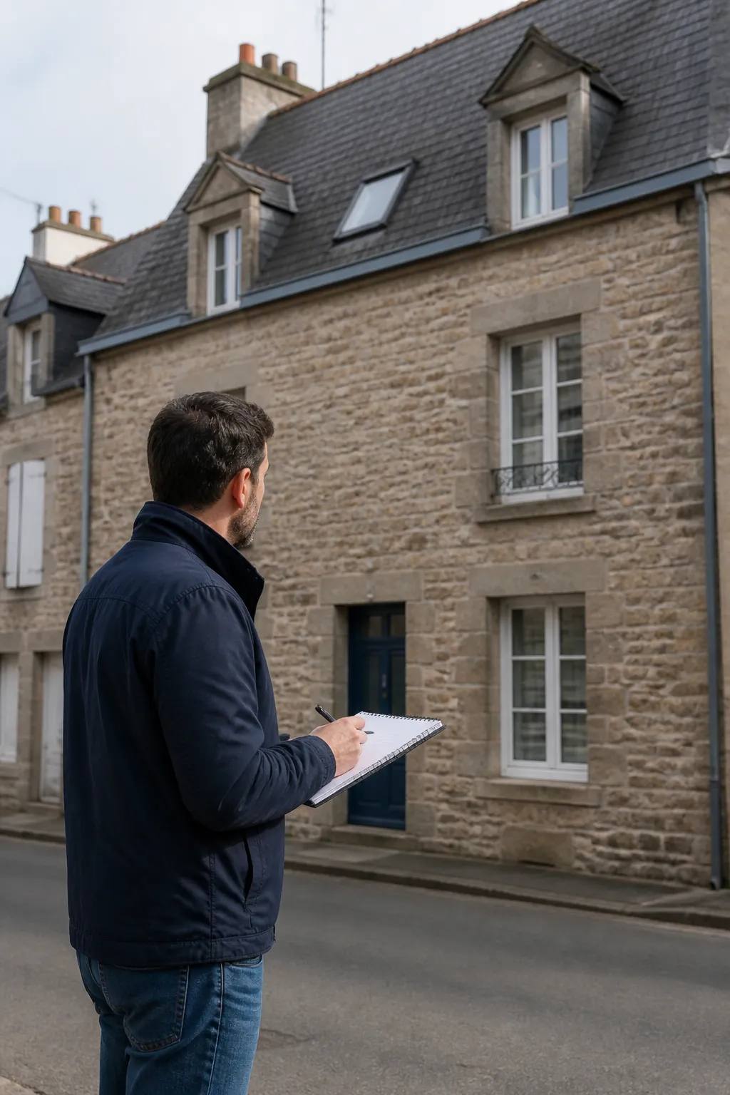 Expert en bâtiment devant une maison de ville à Laval