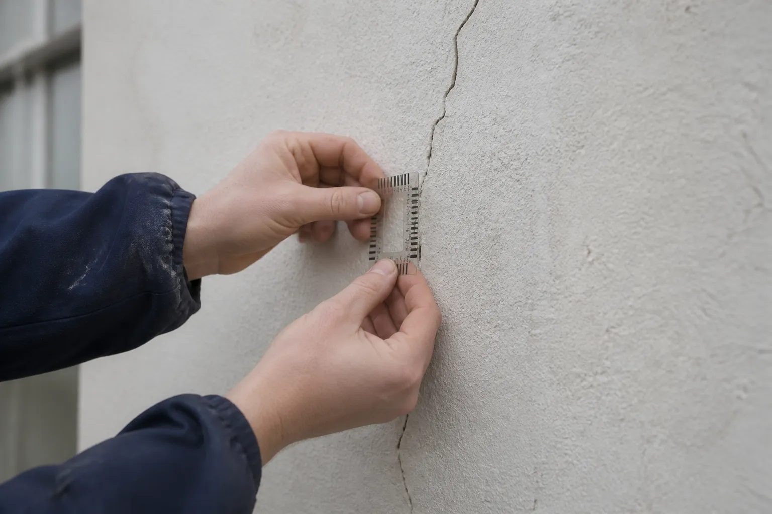 Expert mesurant l’ouverture d’une fissure en façade