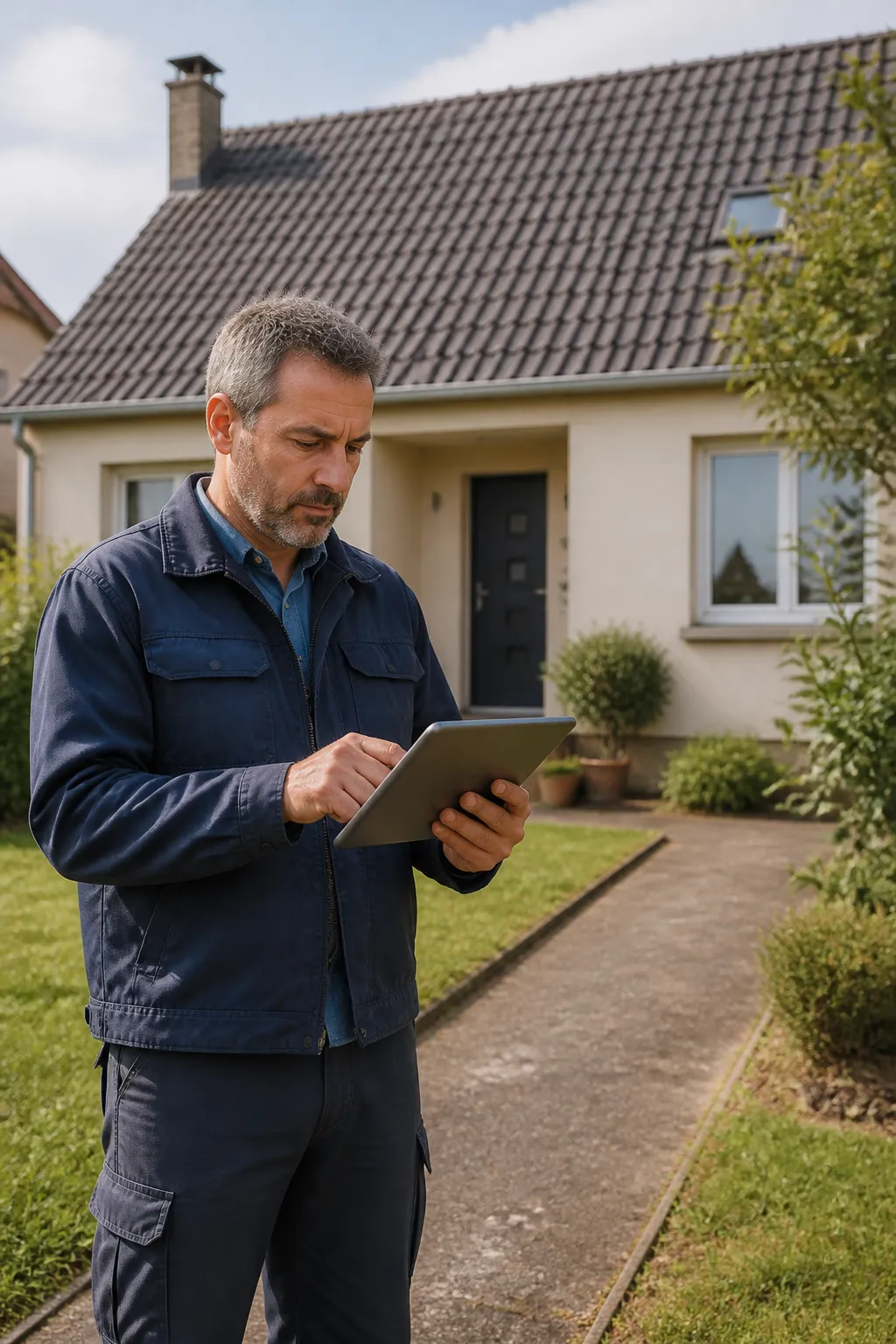 Expert en bâtiment devant un pavillon avec jardin