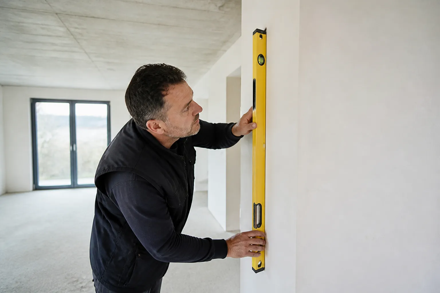 Expert vérifiant l’aplomb d’un mur avec un niveau