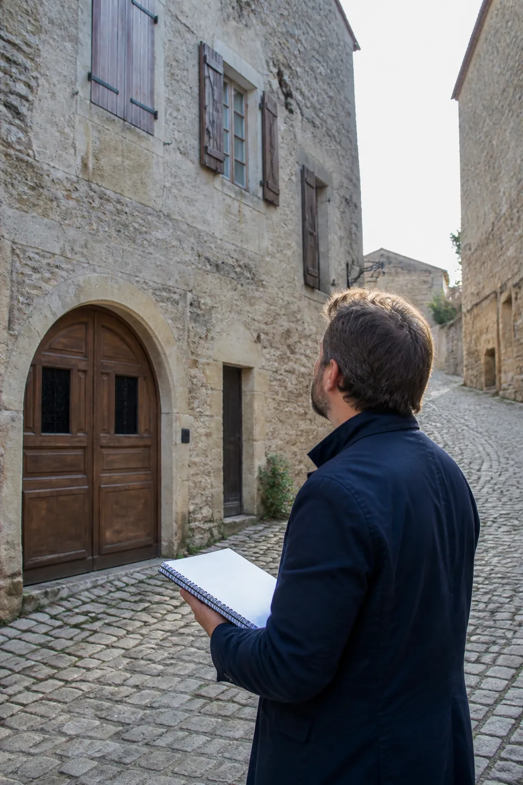 Expert en bâtiment devant une maison ancienne en pierre dans une place forte